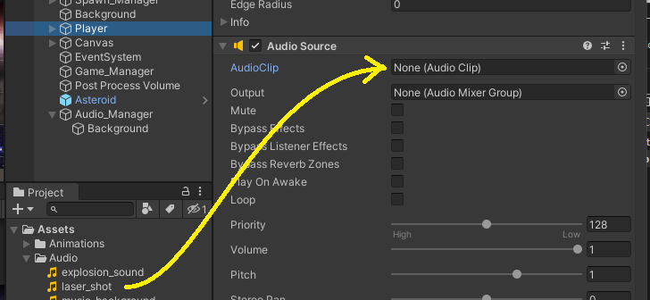 Drag audio clip from Assets to Audio Source